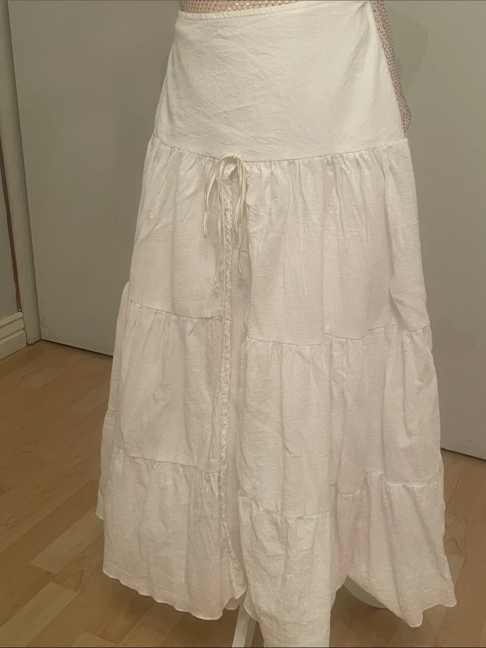 White Tiered Midi Skirt with Drawstring Waist